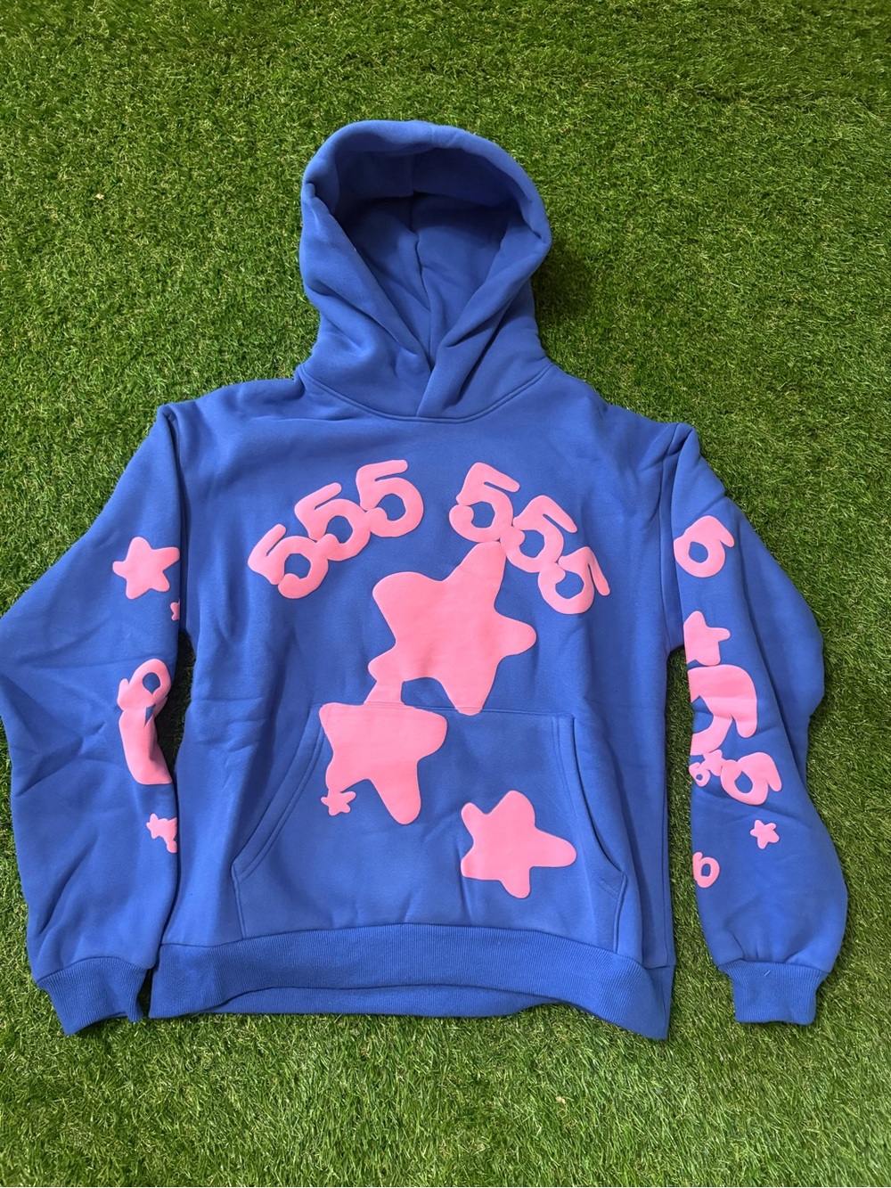 Blue Pullover Hoodie with Pink Star Graphics